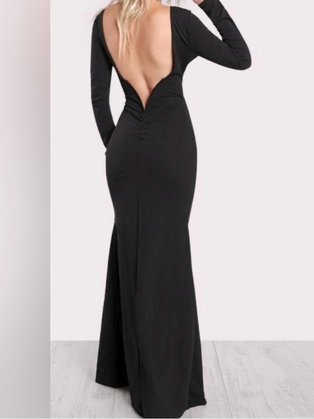 SHEIN Black Long-Sleeve Deep Back V Maxi Dress